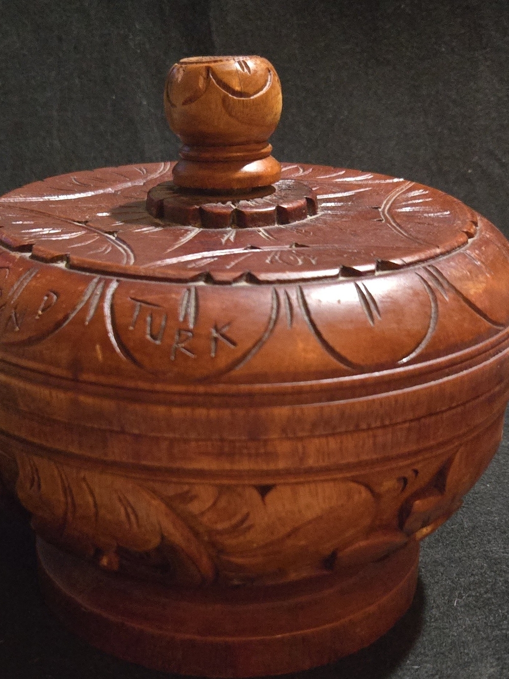 Hand-Carved Wooden Lidded Bowl - Brown